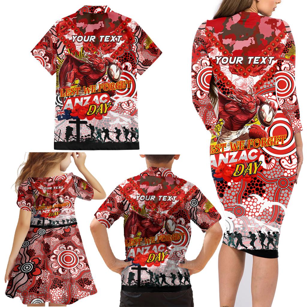Personalised Dragons ANZAC Day Family Matching Long Sleeve Bodycon Dress and Hawaiian Shirt Aboriginal Rising Sun