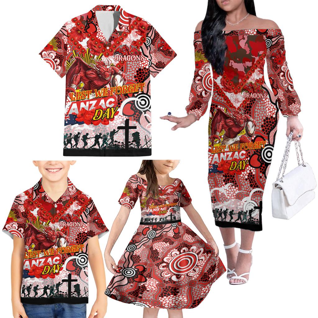 Personalised Dragons ANZAC Day Family Matching Off The Shoulder Long Sleeve Dress and Hawaiian Shirt Aboriginal Rising Sun
