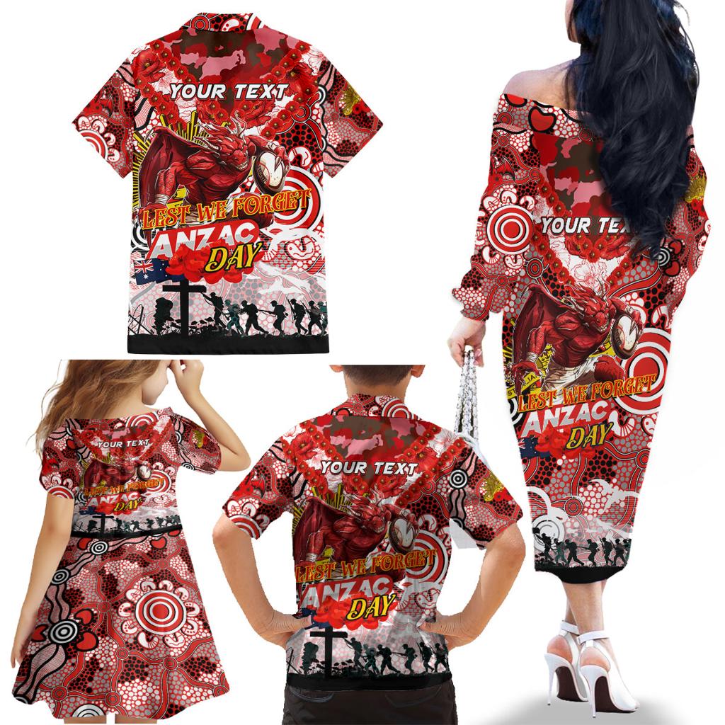 Personalised Dragons ANZAC Day Family Matching Off The Shoulder Long Sleeve Dress and Hawaiian Shirt Aboriginal Rising Sun