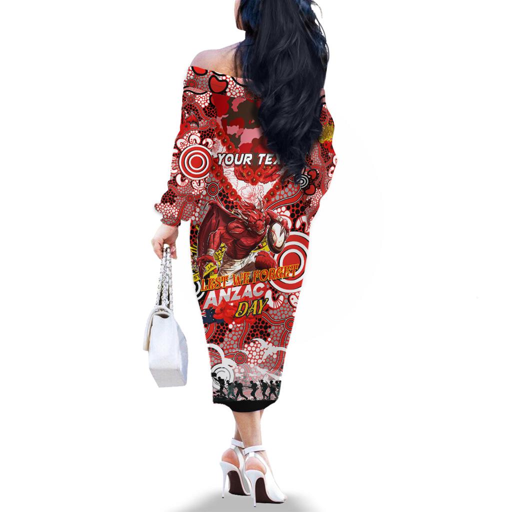 Personalised Dragons ANZAC Day Family Matching Off The Shoulder Long Sleeve Dress and Hawaiian Shirt Aboriginal Rising Sun