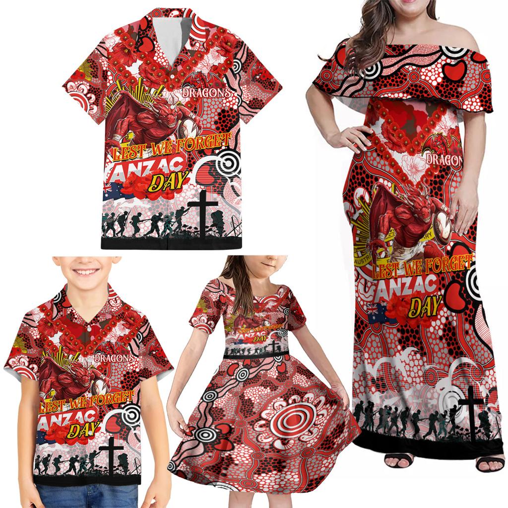 Personalised Dragons ANZAC Day Family Matching Off Shoulder Maxi Dress and Hawaiian Shirt Aboriginal Rising Sun
