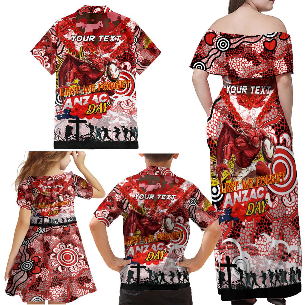Personalised Dragons ANZAC Day Family Matching Off Shoulder Maxi Dress and Hawaiian Shirt Aboriginal Rising Sun