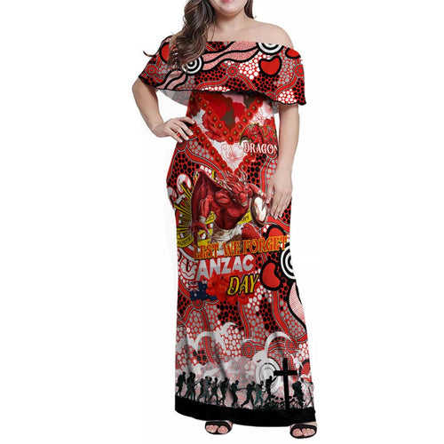 Personalised Dragons ANZAC Day Family Matching Off Shoulder Maxi Dress and Hawaiian Shirt Aboriginal Rising Sun