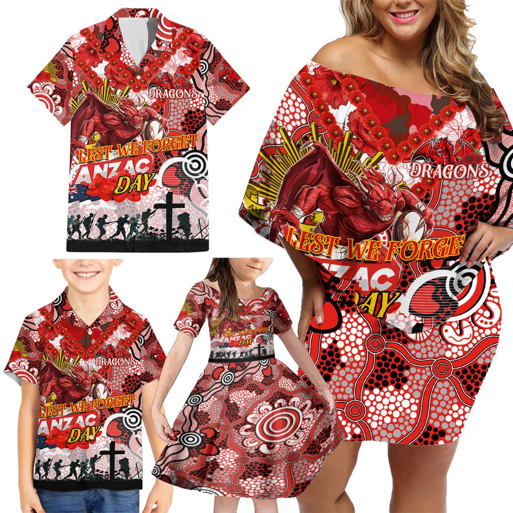 Personalised Dragons ANZAC Day Family Matching Off Shoulder Short Dress and Hawaiian Shirt Aboriginal Rising Sun