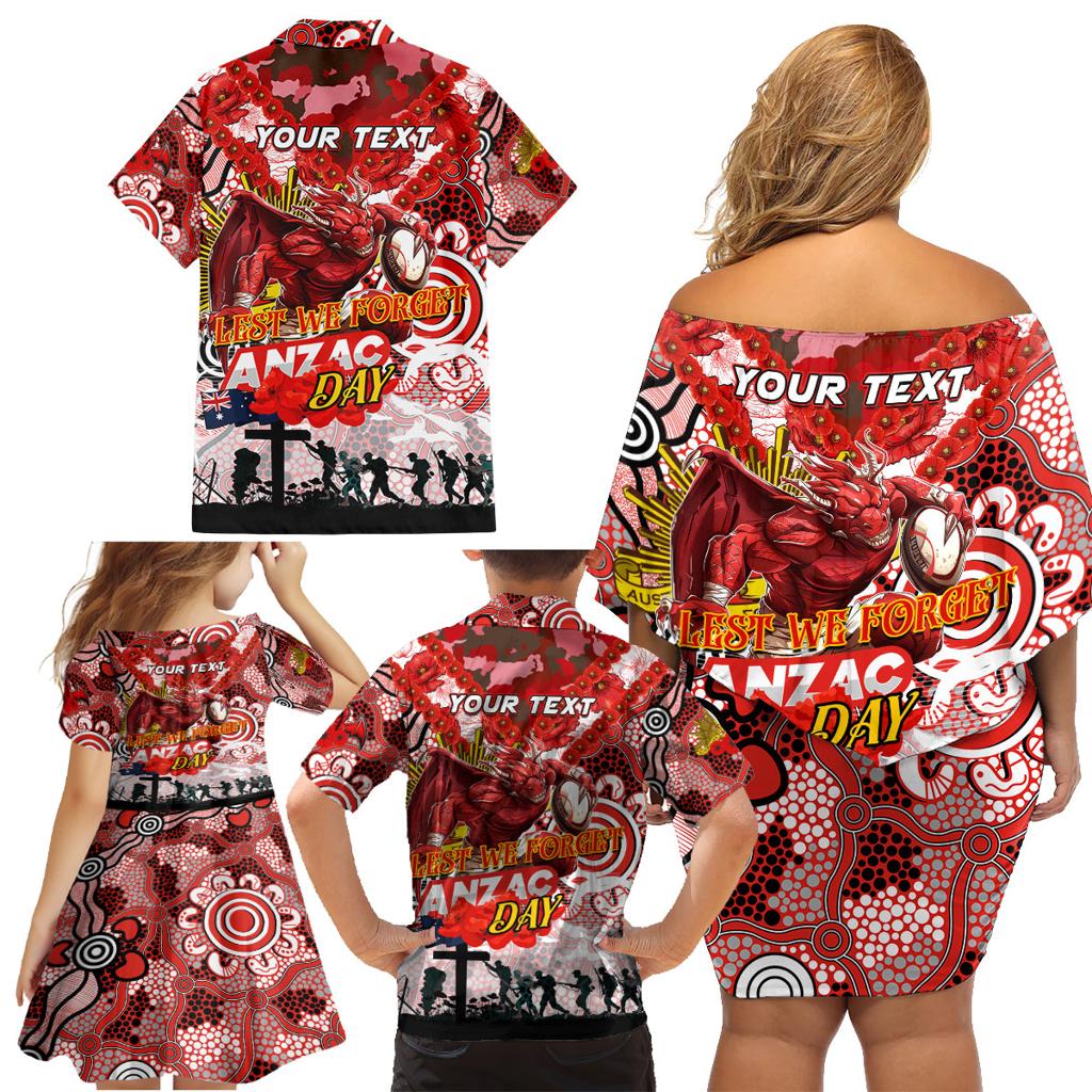 Personalised Dragons ANZAC Day Family Matching Off Shoulder Short Dress and Hawaiian Shirt Aboriginal Rising Sun