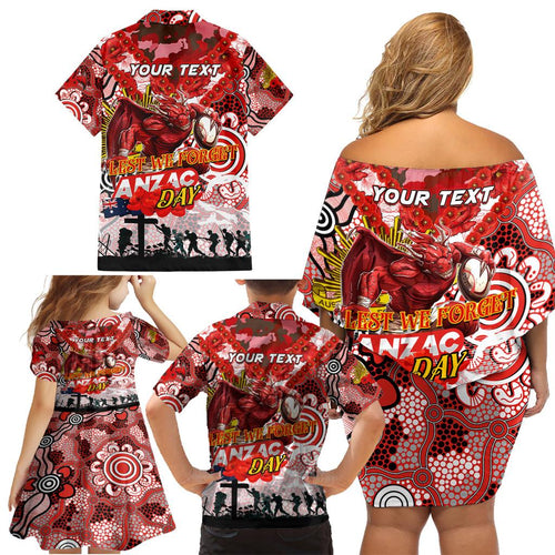 Personalised Dragons ANZAC Day Family Matching Off Shoulder Short Dress and Hawaiian Shirt Aboriginal Rising Sun