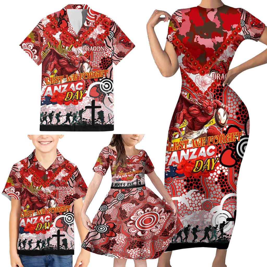 Personalised Dragons ANZAC Day Family Matching Short Sleeve Bodycon Dress and Hawaiian Shirt Aboriginal Rising Sun
