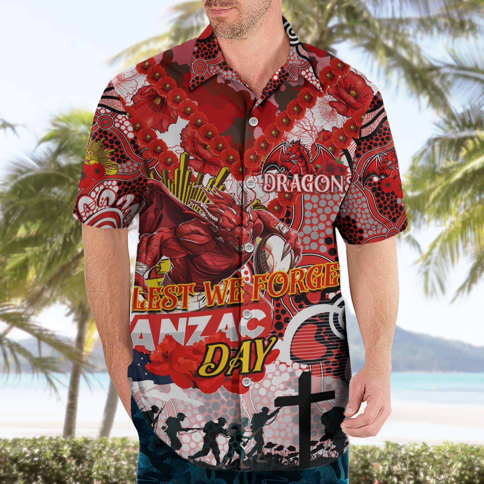 Personalised Dragons ANZAC Day Hawaiian Shirt Aboriginal Rising Sun