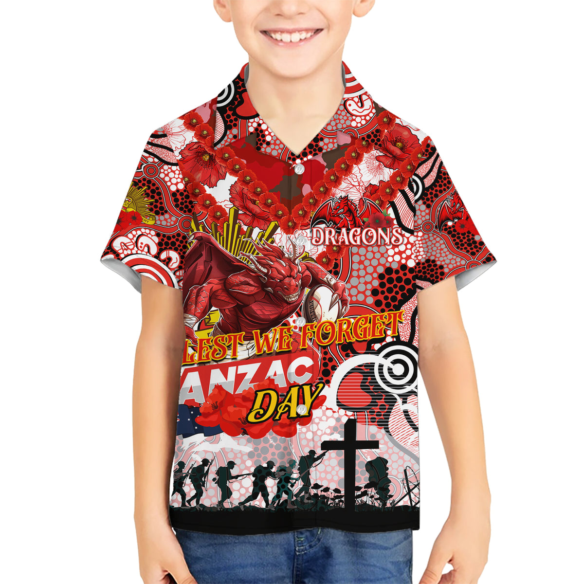 Personalised Dragons ANZAC Day Kid Hawaiian Shirt Aboriginal Rising Sun