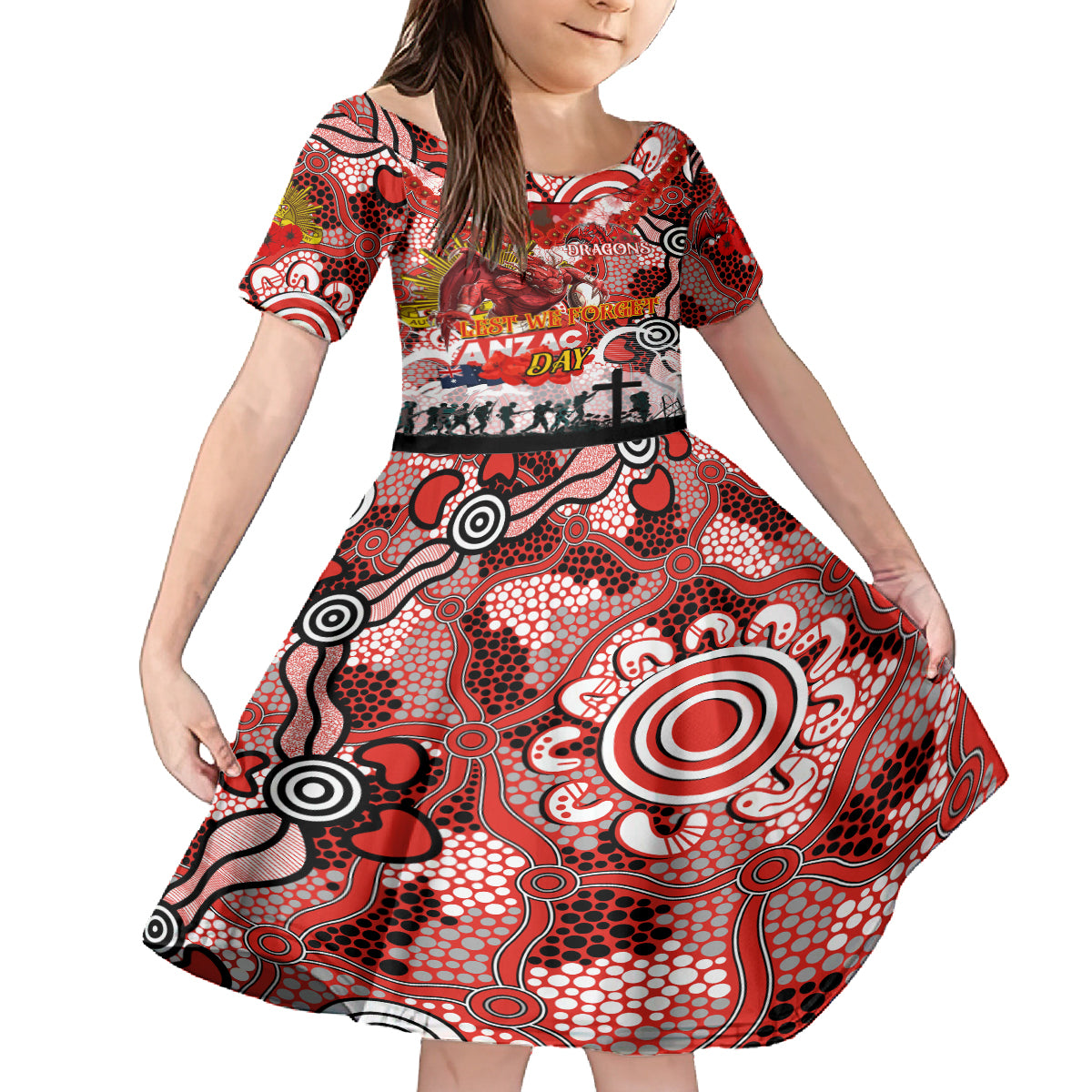 Personalised Dragons ANZAC Day Kid Short Sleeve Dress Aboriginal Rising Sun