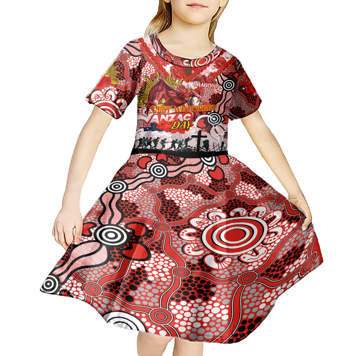 Personalised Dragons ANZAC Day Kid Short Sleeve Dress Aboriginal Rising Sun