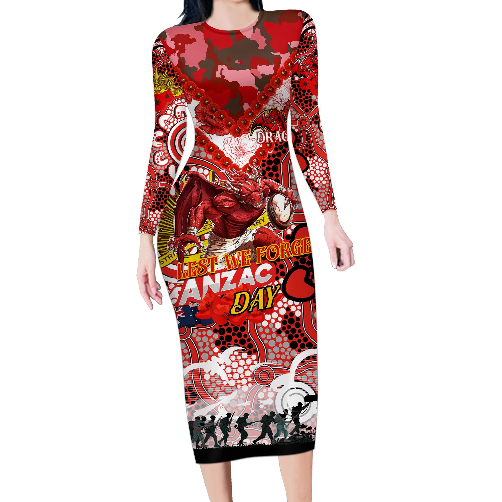 Personalised Dragons ANZAC Day Long Sleeve Bodycon Dress Aboriginal Rising Sun