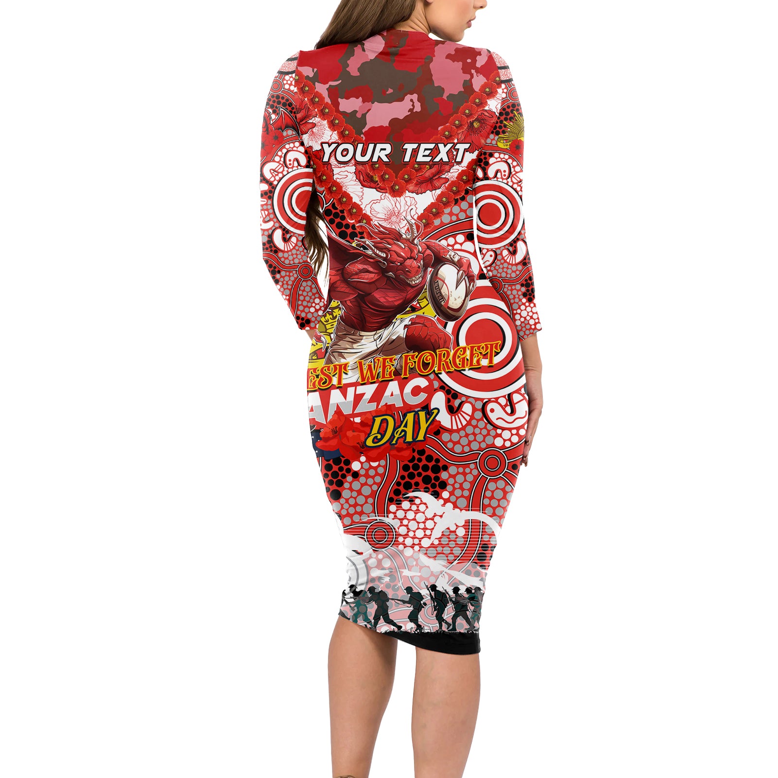 Personalised Dragons ANZAC Day Long Sleeve Bodycon Dress Aboriginal Rising Sun