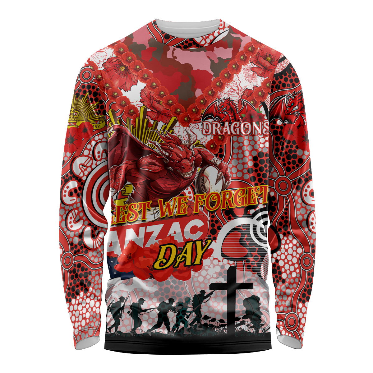 Personalised Dragons ANZAC Day Long Sleeve Shirt Aboriginal Rising Sun