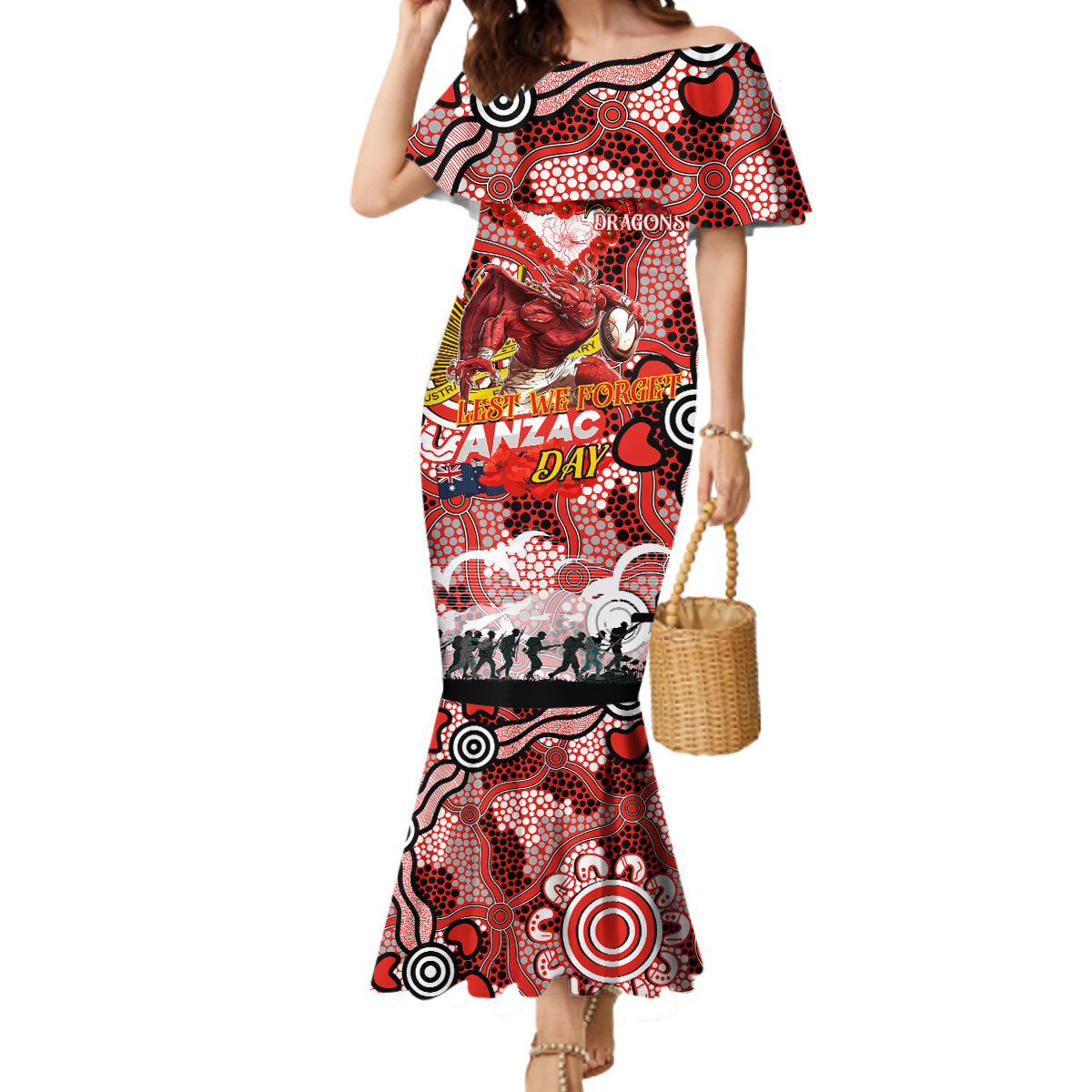 Personalised Dragons ANZAC Day Mermaid Dress Aboriginal Rising Sun