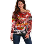 Personalised Dragons ANZAC Day Off Shoulder Sweater Aboriginal Rising Sun