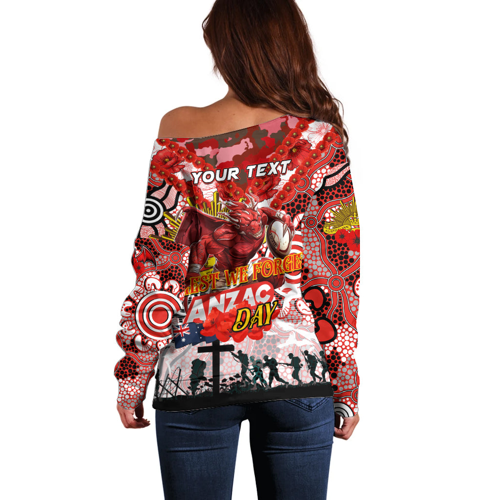 Personalised Dragons ANZAC Day Off Shoulder Sweater Aboriginal Rising Sun