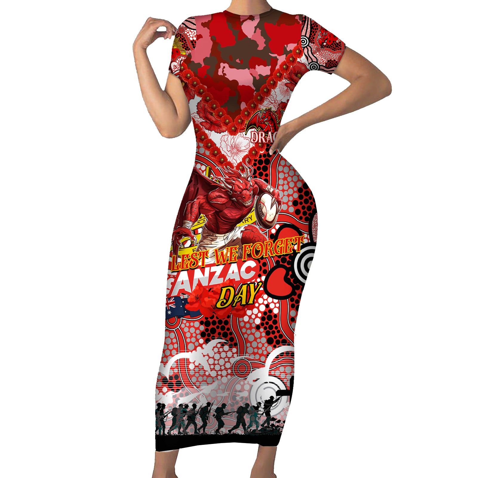 Personalised Dragons ANZAC Day Short Sleeve Bodycon Dress Aboriginal Rising Sun