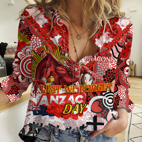 Personalised Dragons ANZAC Day Women Casual Shirt Aboriginal Rising Sun