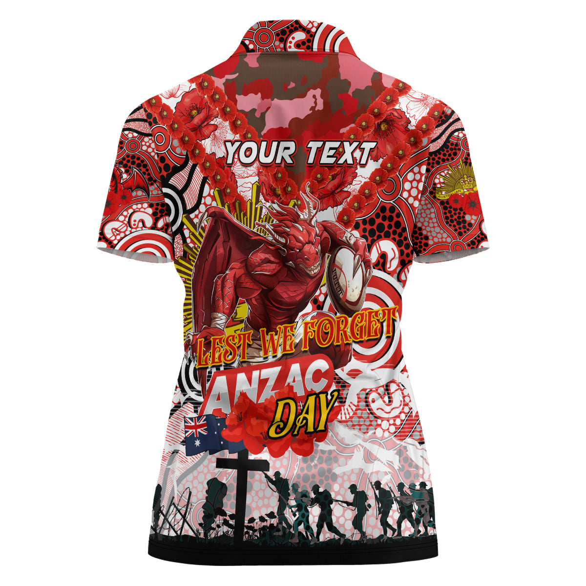 Personalised Dragons ANZAC Day Women Polo Shirt Aboriginal Rising Sun