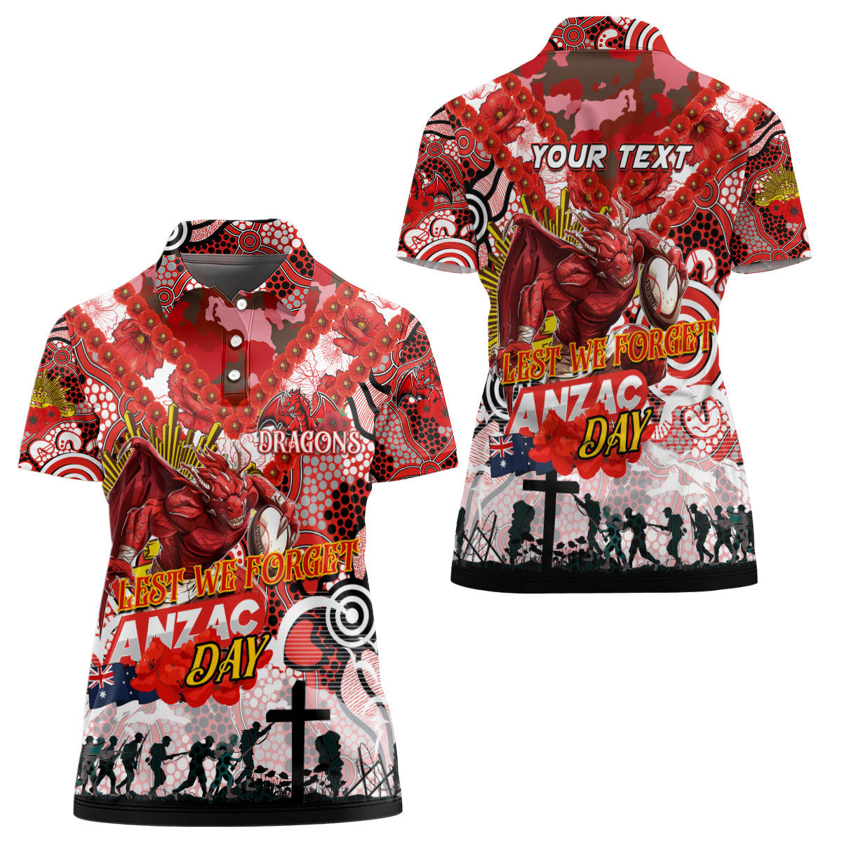 Personalised Dragons ANZAC Day Women Polo Shirt Aboriginal Rising Sun