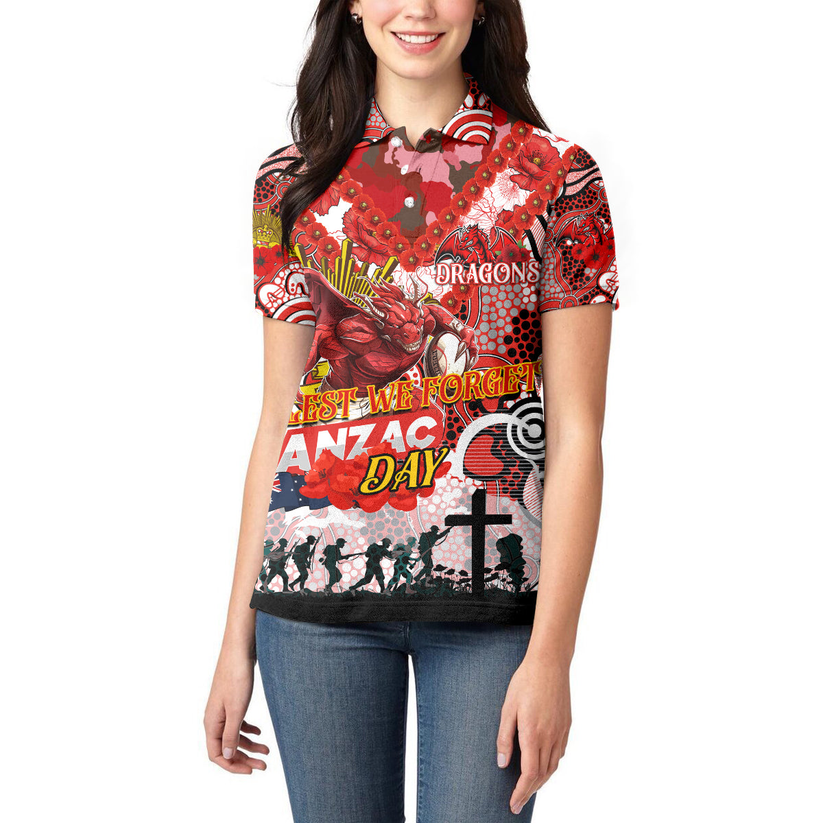 Personalised Dragons ANZAC Day Women Polo Shirt Aboriginal Rising Sun