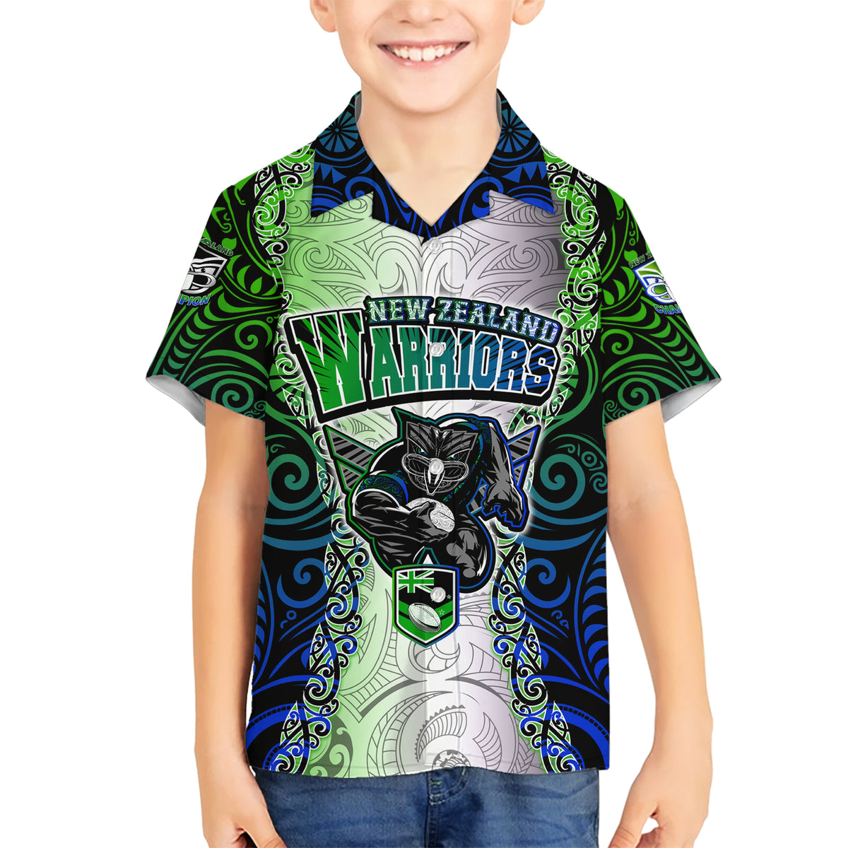 personalised-new-zealand-warriors-kid-hawaiian-shirt-maori-silver-fern-green