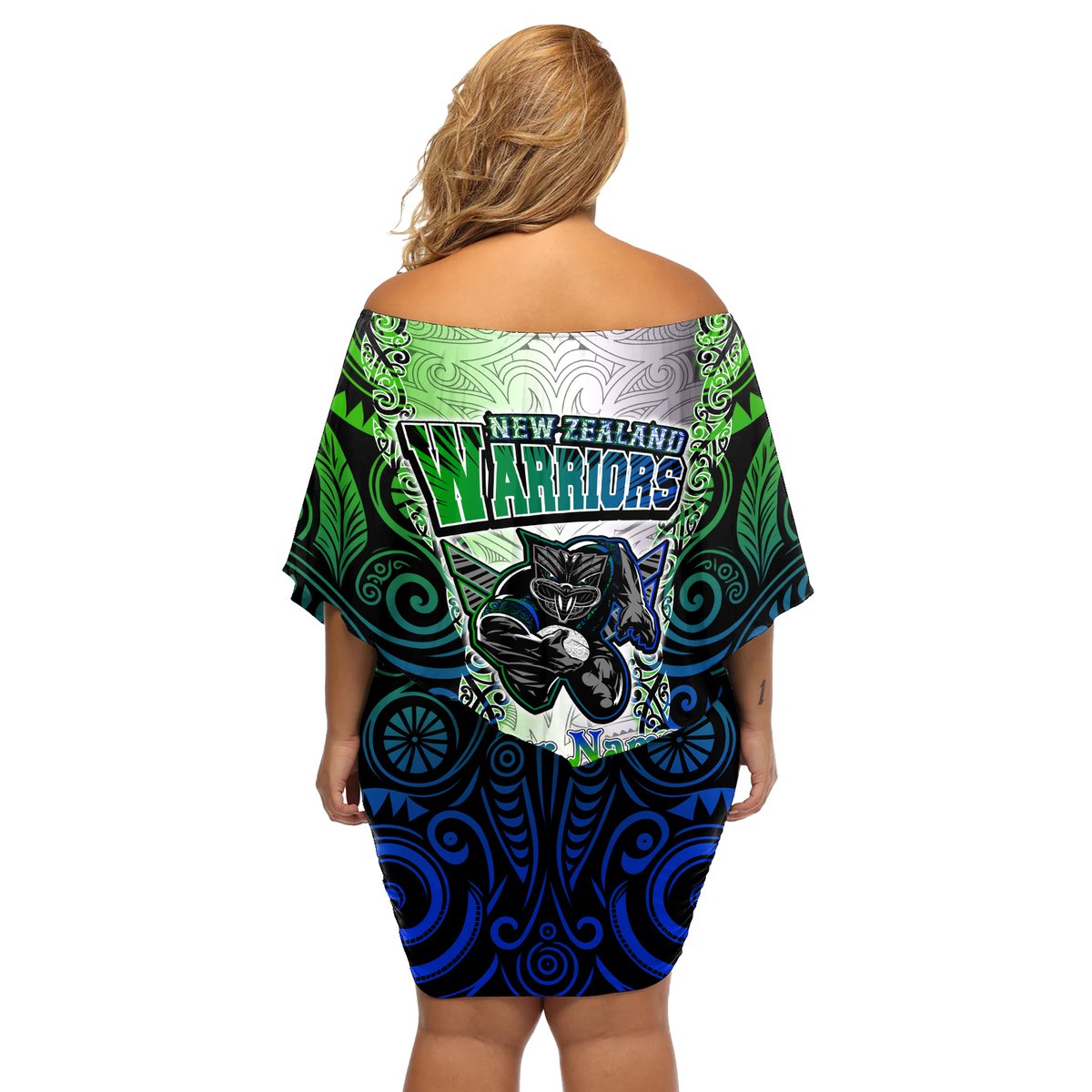 personalised-new-zealand-warriors-off-shoulder-short-dress-maori-silver-fern-green