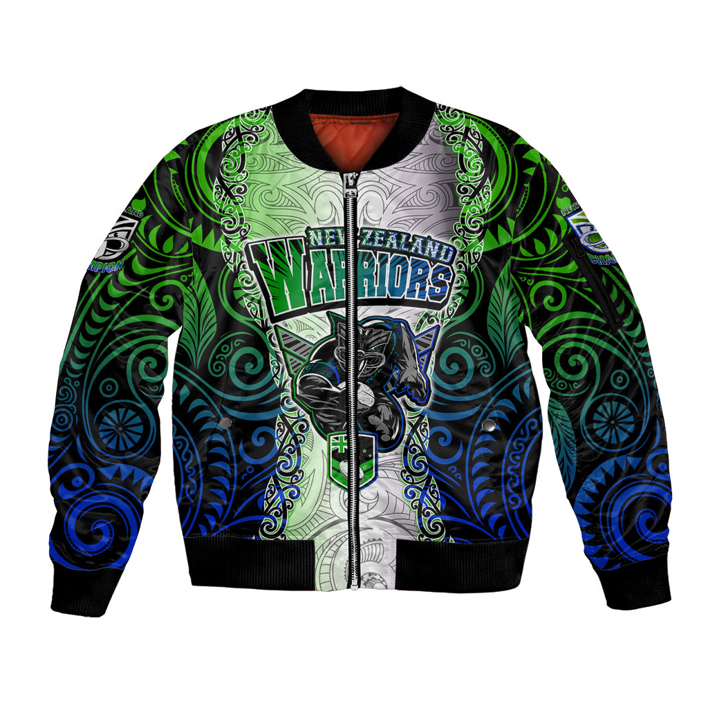personalised-new-zealand-warriors-sleeve-zip-bomber-jacket-maori-silver-fern-green