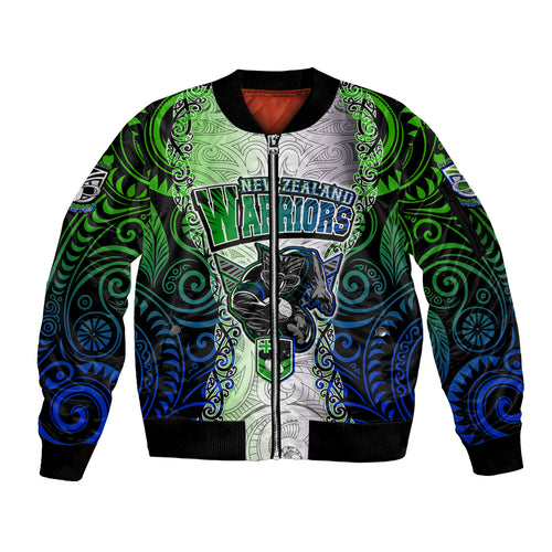 personalised-new-zealand-warriors-sleeve-zip-bomber-jacket-maori-silver-fern-green