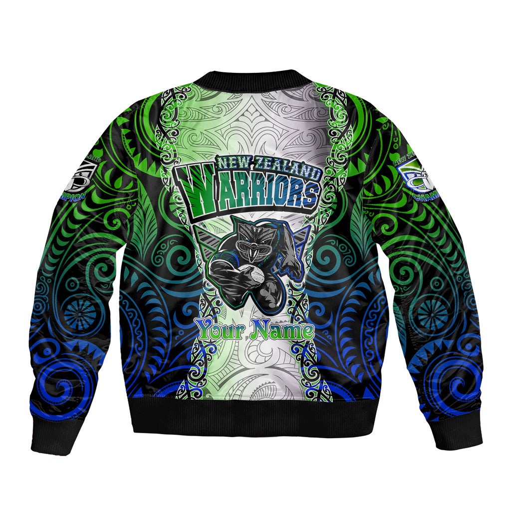 personalised-new-zealand-warriors-sleeve-zip-bomber-jacket-maori-silver-fern-green