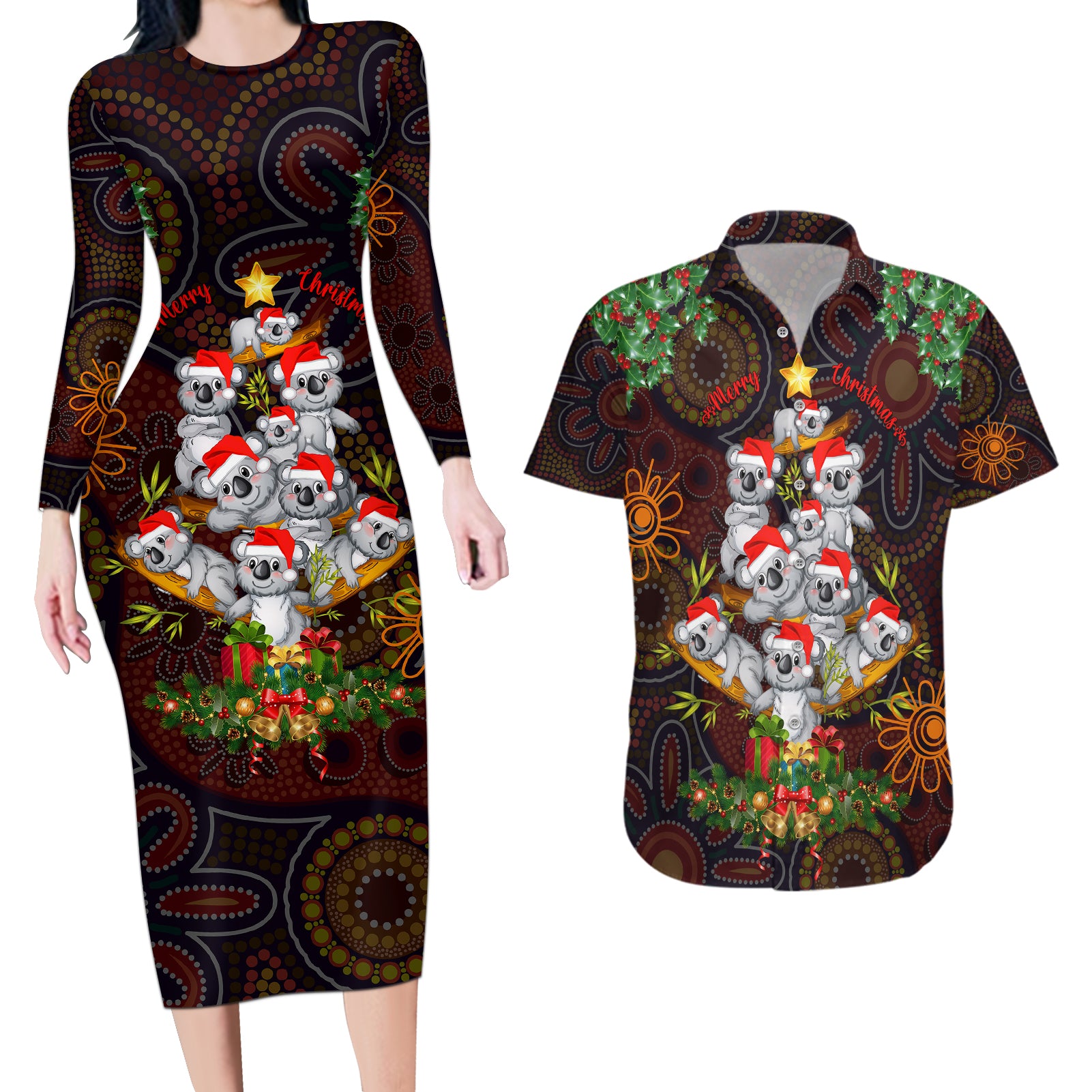 aboriginal-christmas-couples-matching-long-sleeve-bodycon-dress-and-hawaiian-shirt-aussie-koala-christmas-tree-with-aboriginal-inspired