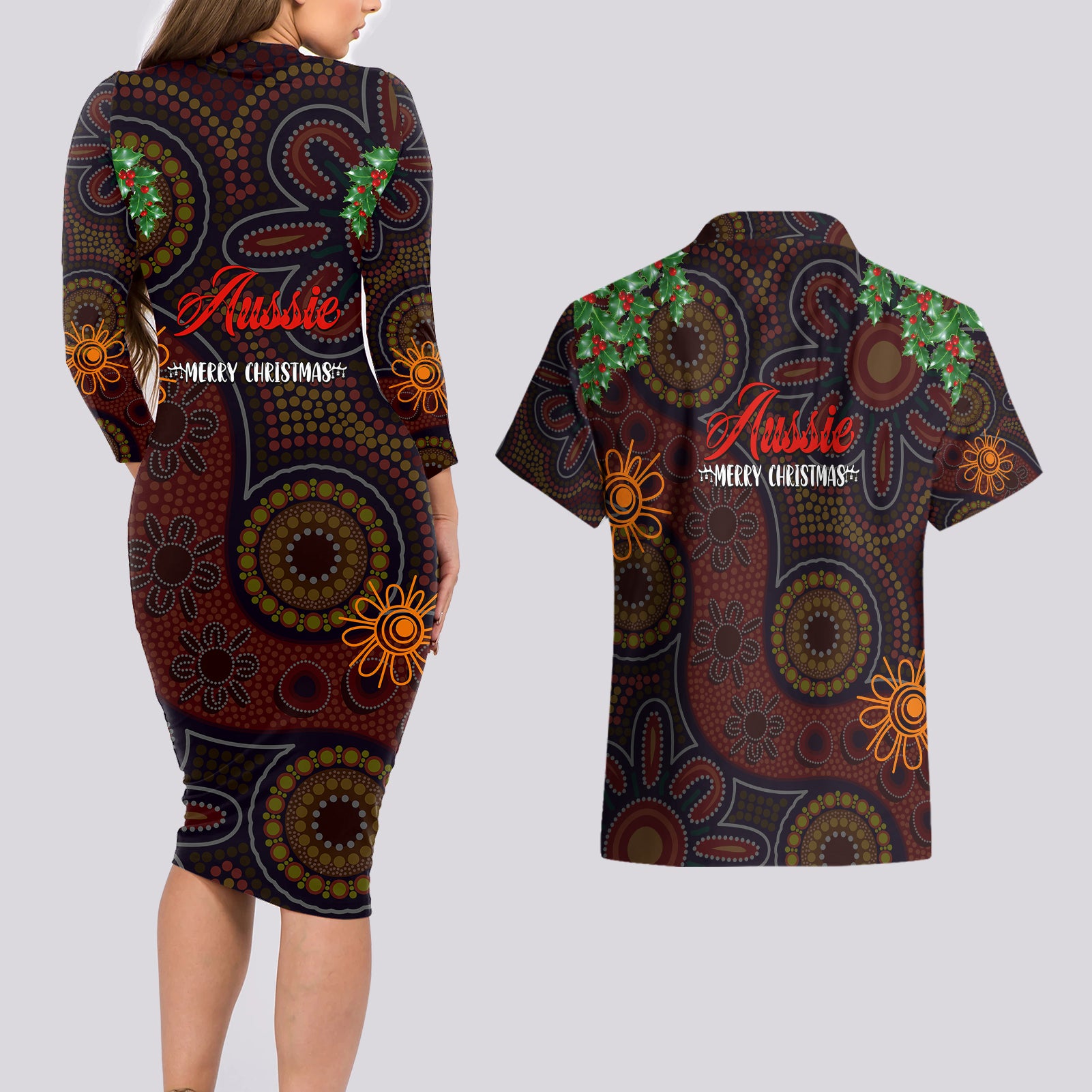 aboriginal-christmas-couples-matching-long-sleeve-bodycon-dress-and-hawaiian-shirt-aussie-koala-christmas-tree-with-aboriginal-inspired