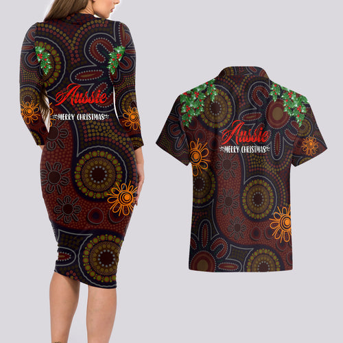 aboriginal-christmas-couples-matching-long-sleeve-bodycon-dress-and-hawaiian-shirt-aussie-koala-christmas-tree-with-aboriginal-inspired