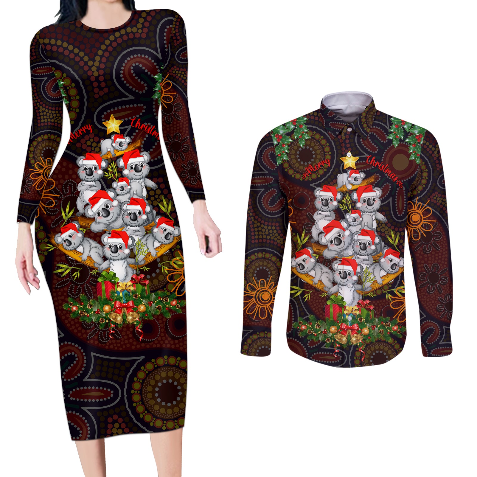 aboriginal-christmas-couples-matching-long-sleeve-bodycon-dress-and-long-sleeve-button-shirts-aussie-koala-christmas-tree-with-aboriginal-inspired