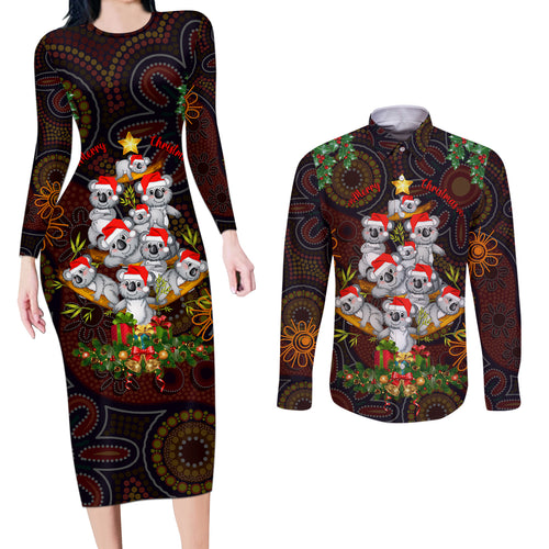aboriginal-christmas-couples-matching-long-sleeve-bodycon-dress-and-long-sleeve-button-shirts-aussie-koala-christmas-tree-with-aboriginal-inspired