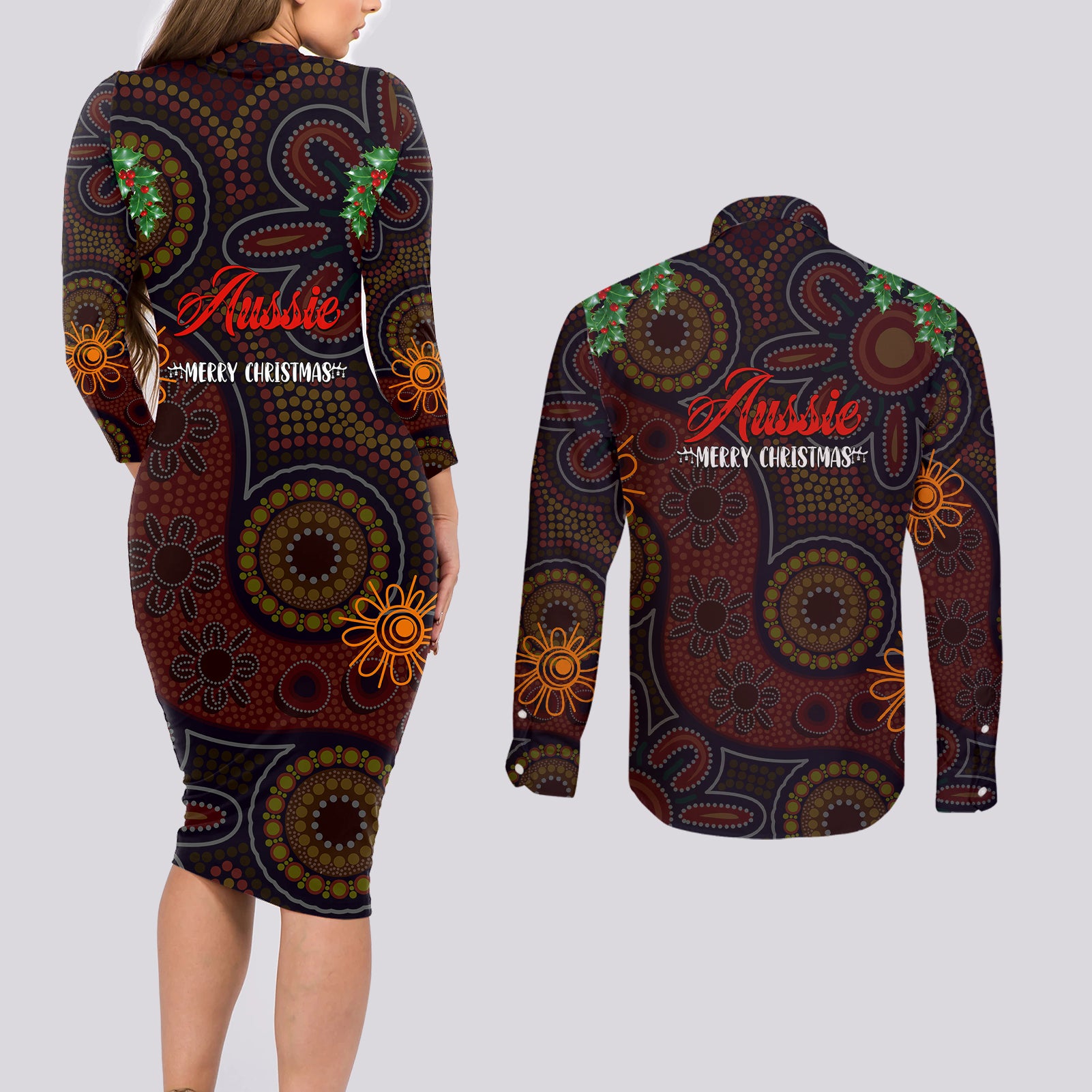 aboriginal-christmas-couples-matching-long-sleeve-bodycon-dress-and-long-sleeve-button-shirts-aussie-koala-christmas-tree-with-aboriginal-inspired