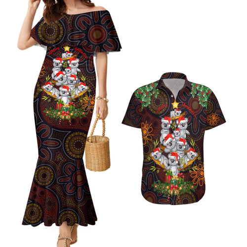 aboriginal-christmas-couples-matching-mermaid-dress-and-hawaiian-shirt-aussie-koala-christmas-tree-with-aboriginal-inspired