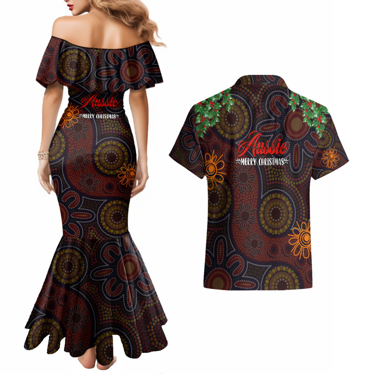 aboriginal-christmas-couples-matching-mermaid-dress-and-hawaiian-shirt-aussie-koala-christmas-tree-with-aboriginal-inspired