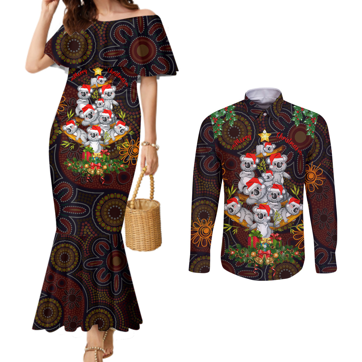 aboriginal-christmas-couples-matching-mermaid-dress-and-long-sleeve-button-shirts-aussie-koala-christmas-tree-with-aboriginal-inspired