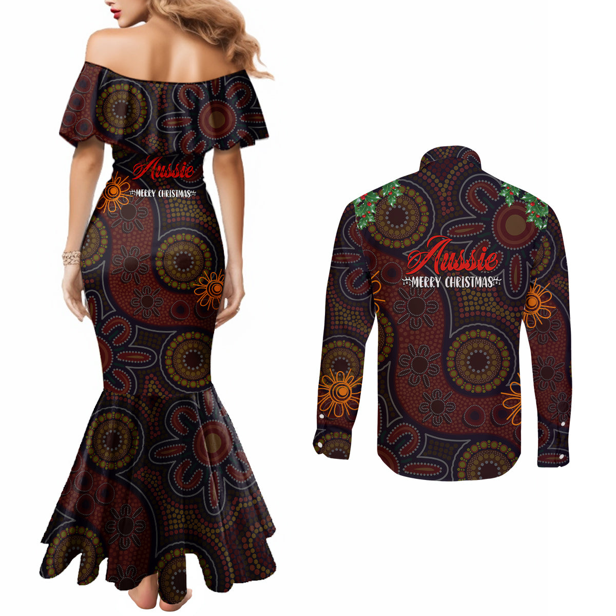 aboriginal-christmas-couples-matching-mermaid-dress-and-long-sleeve-button-shirts-aussie-koala-christmas-tree-with-aboriginal-inspired