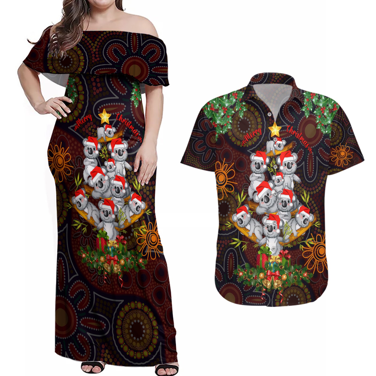 aboriginal-christmas-couples-matching-off-shoulder-maxi-dress-and-hawaiian-shirt-aussie-koala-christmas-tree-with-aboriginal-inspired