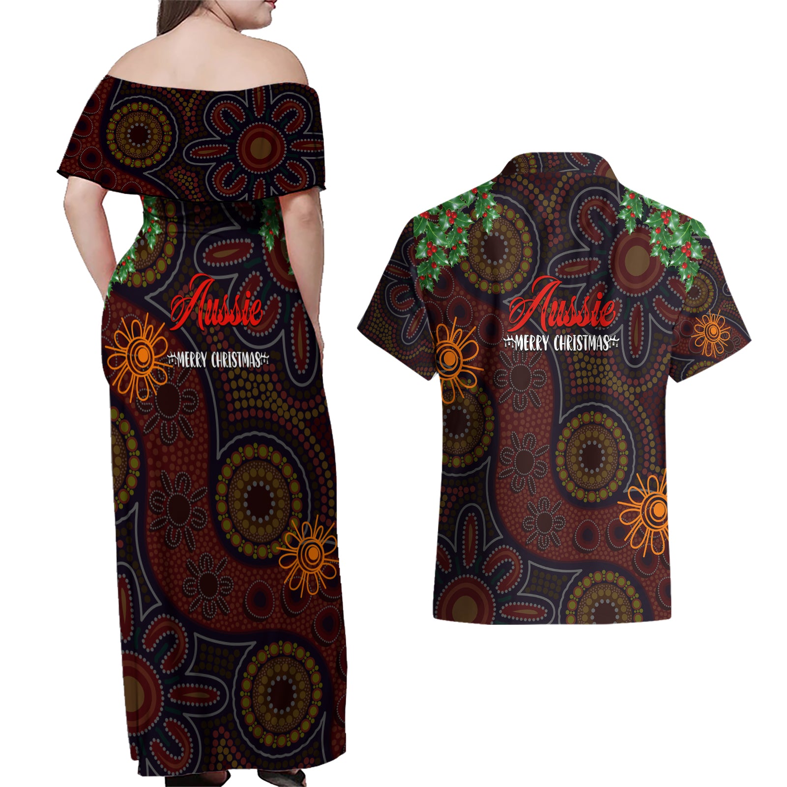 aboriginal-christmas-couples-matching-off-shoulder-maxi-dress-and-hawaiian-shirt-aussie-koala-christmas-tree-with-aboriginal-inspired