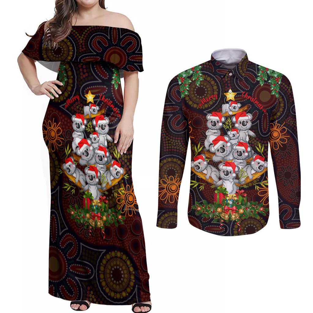 aboriginal-christmas-couples-matching-off-shoulder-maxi-dress-and-long-sleeve-button-shirts-aussie-koala-christmas-tree-with-aboriginal-inspired