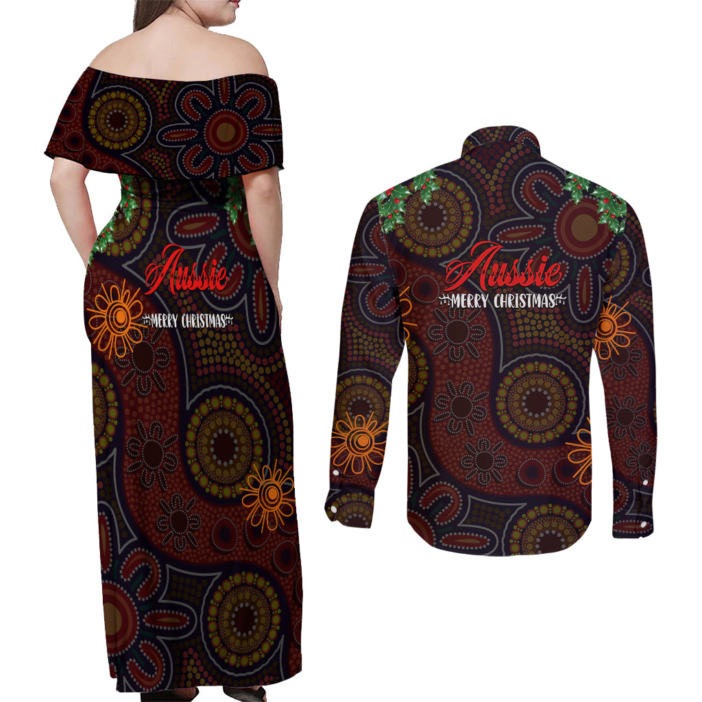 aboriginal-christmas-couples-matching-off-shoulder-maxi-dress-and-long-sleeve-button-shirts-aussie-koala-christmas-tree-with-aboriginal-inspired