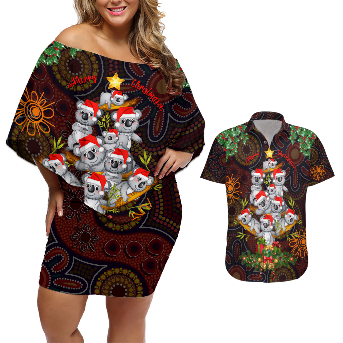 aboriginal-christmas-couples-matching-off-shoulder-short-dress-and-hawaiian-shirt-aussie-koala-christmas-tree-with-aboriginal-inspired