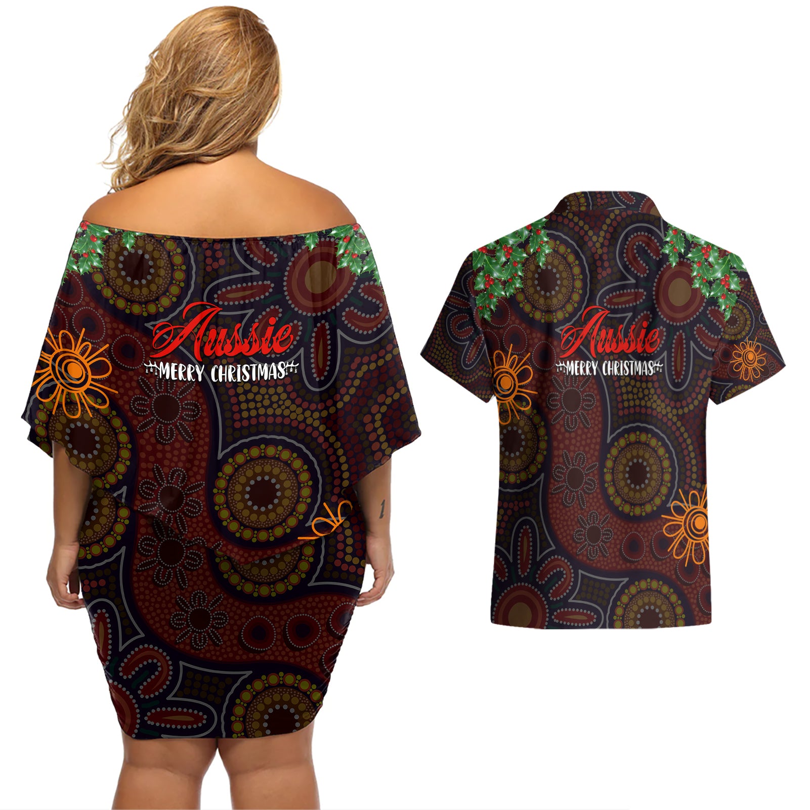 aboriginal-christmas-couples-matching-off-shoulder-short-dress-and-hawaiian-shirt-aussie-koala-christmas-tree-with-aboriginal-inspired