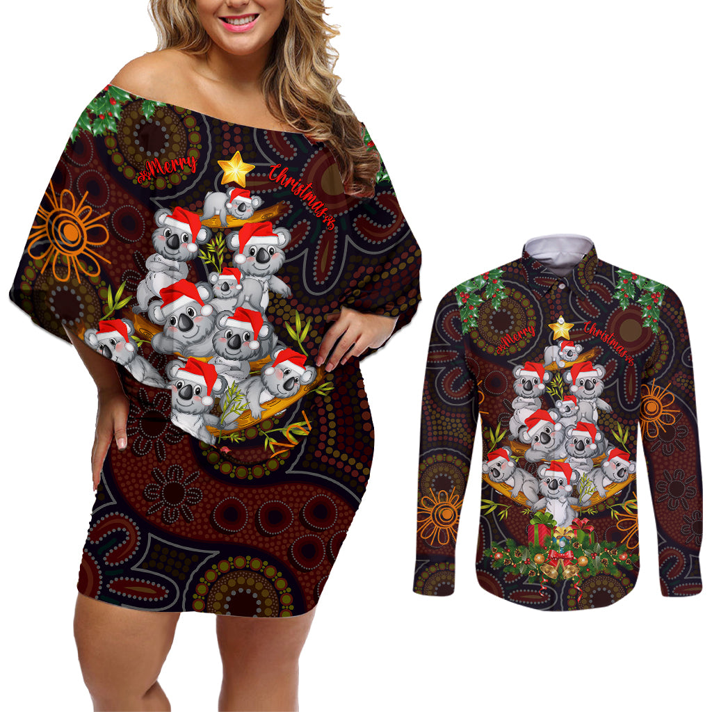 aboriginal-christmas-couples-matching-off-shoulder-short-dress-and-long-sleeve-button-shirts-aussie-koala-christmas-tree-with-aboriginal-inspired