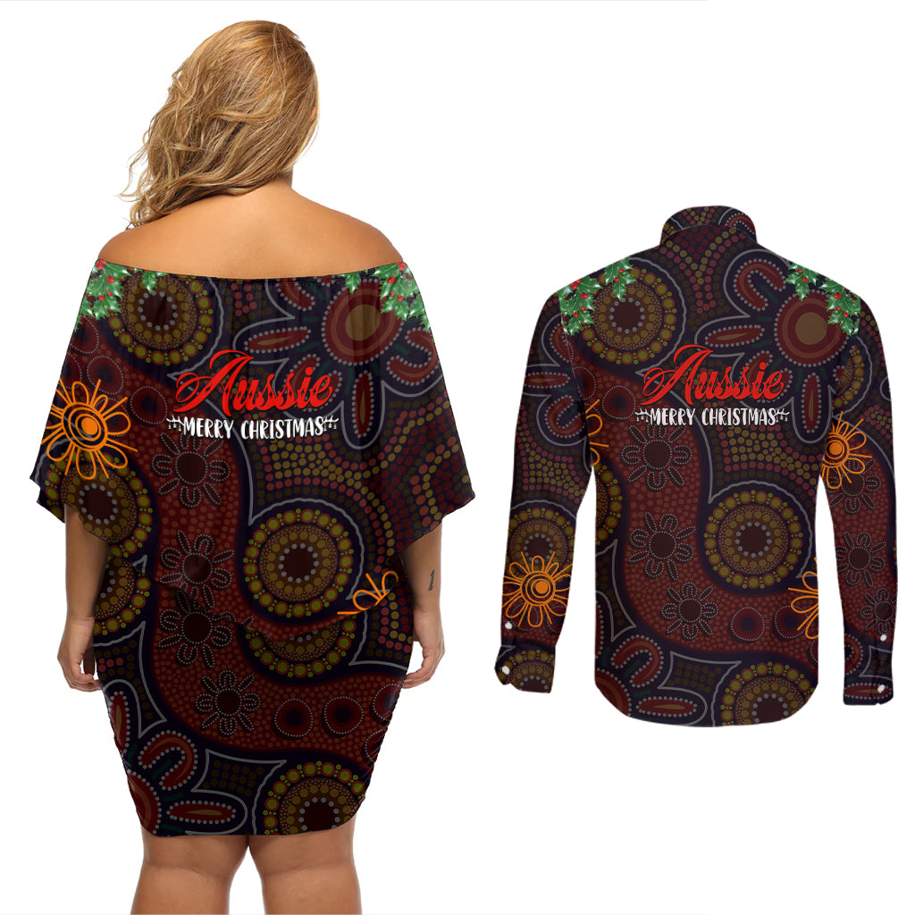 aboriginal-christmas-couples-matching-off-shoulder-short-dress-and-long-sleeve-button-shirts-aussie-koala-christmas-tree-with-aboriginal-inspired