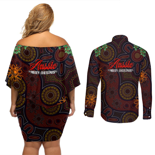 aboriginal-christmas-couples-matching-off-shoulder-short-dress-and-long-sleeve-button-shirts-aussie-koala-christmas-tree-with-aboriginal-inspired